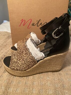 Matisse Leopard Print Espadrille Wedge Sandals with Black Ankle Straps